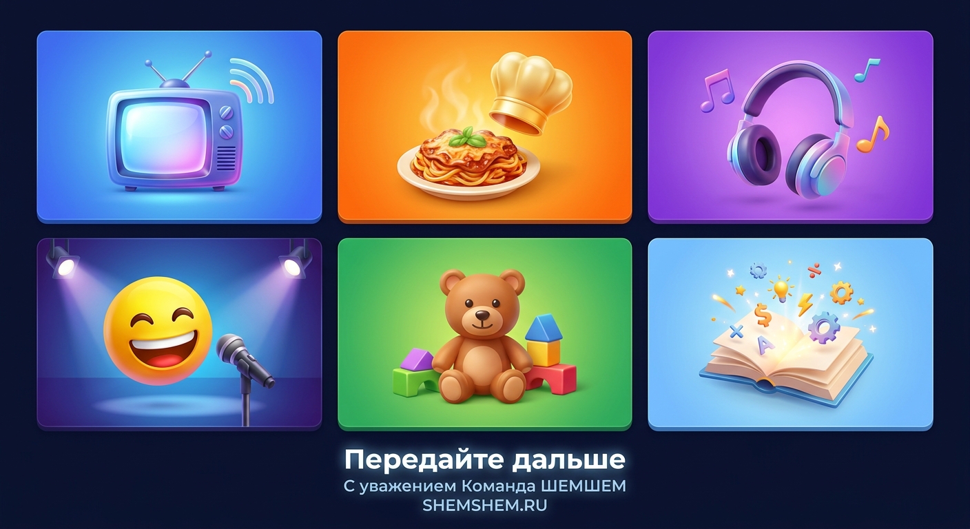 Коллаж из 6 ярких 3D-плиток разделов Медиатеки: Радио и ТВ, Кулинария, Музыка, Юмор, Детский мир и Знания