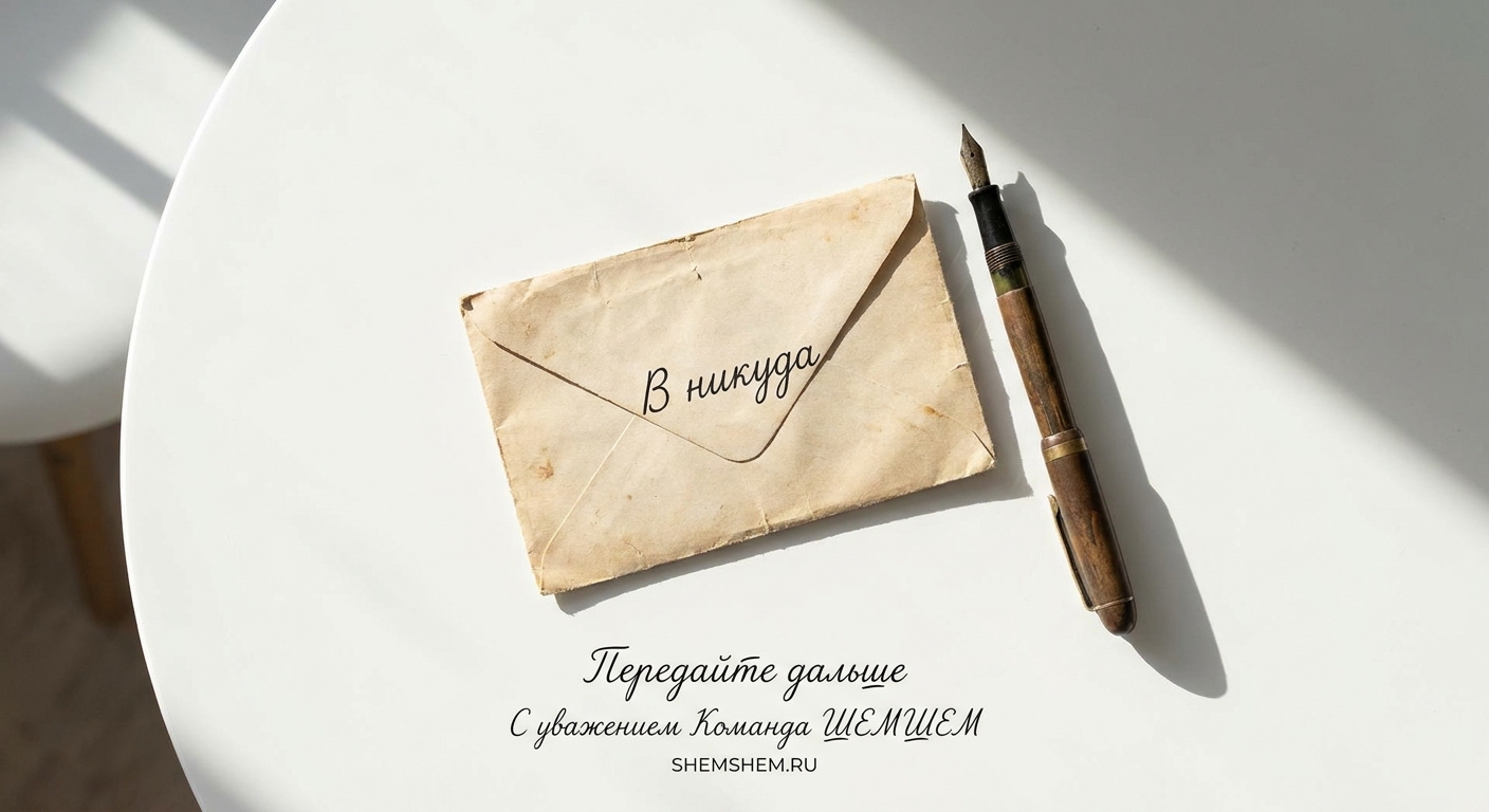 Старинный конверт с надписью «В никуда» и перьевая ручка на светлом столе