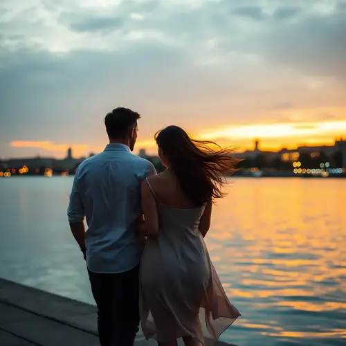 Влюбленная пара гуляющая по набережной на закате