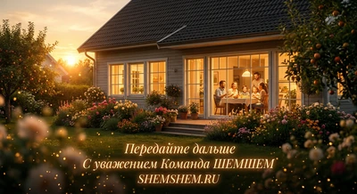 Счастливая семья в светлом уютном доме, окруженном цветущим садом