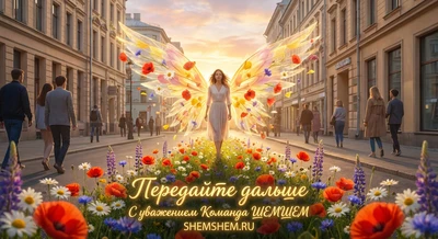 Девушка с крыльями света на расцветающей городской улице