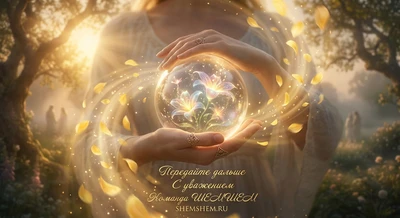 Сияющая сфера с цветами в руках на фоне рассвета