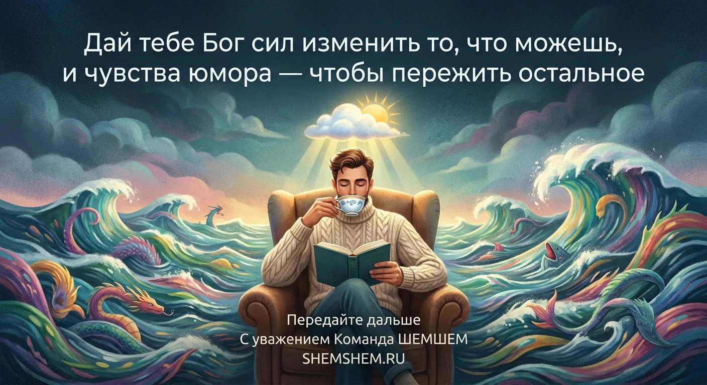 Человек с чашкой кофе сохраняет спокойствие посреди шторма