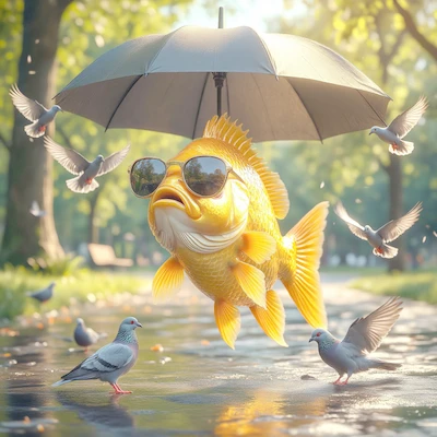 Рыба в очках и с зонтиком в парке