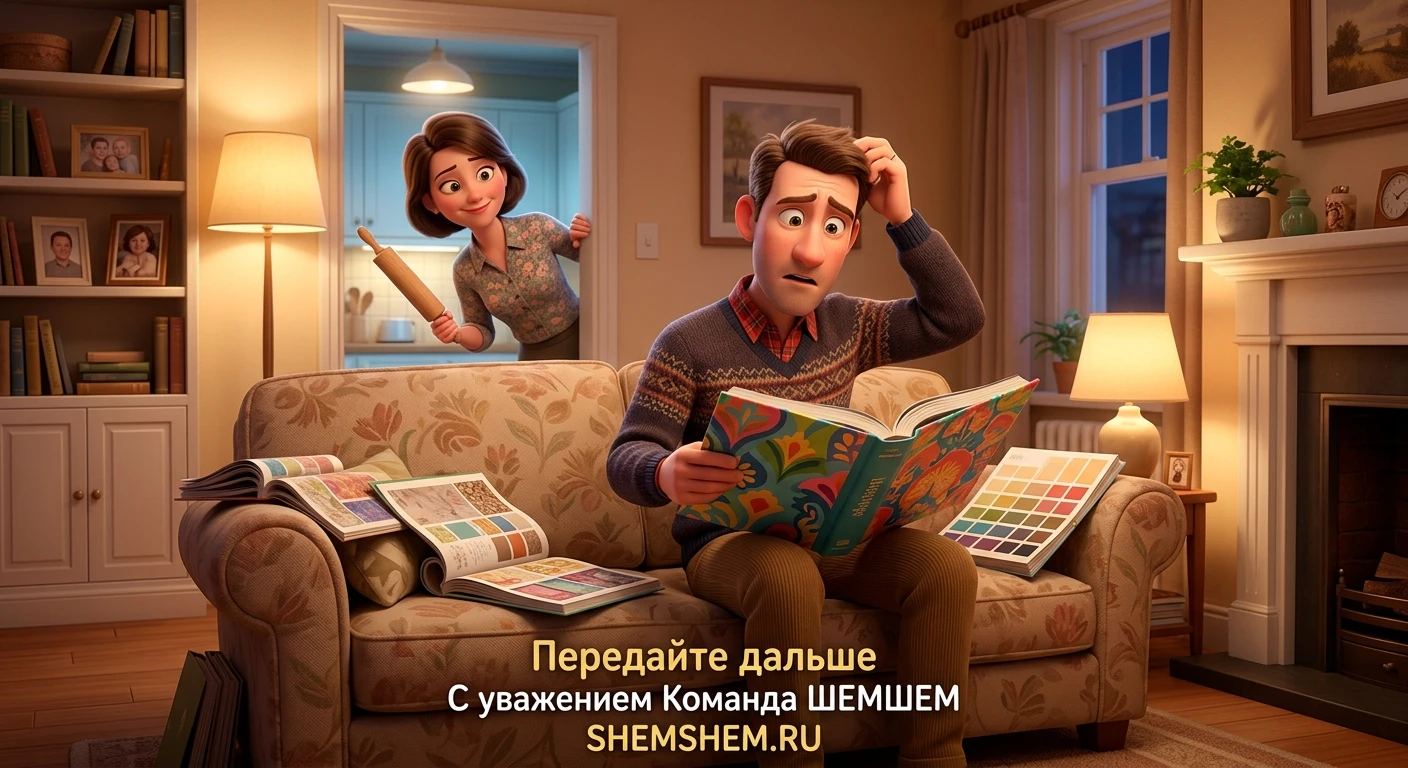 Смешная 3D-иллюстрация в стиле мультфильма: озадаченный муж сидит на диване и с удивлением рассматривает каталог с обоями. На заднем плане из кухонной двери выглядывает улыбающаяся жена с деревянной скалкой в руках. Яркая и уютная домашняя атмосфера