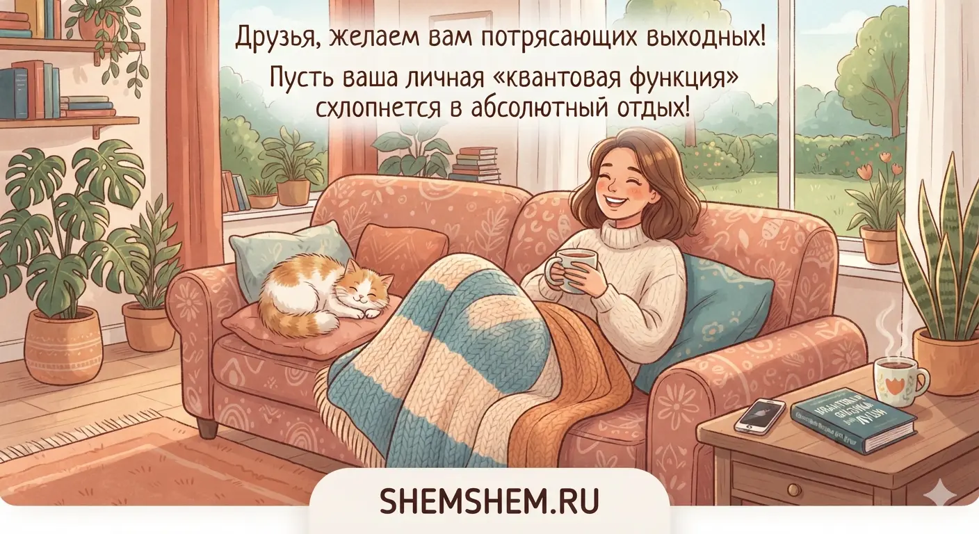 Иллюстрация к пятничной рубрике «Умный смех»: уютная комната, девушка отдыхает на диване с чашкой чая под пледом, рядом спит кот, на столике лежит книга по физике