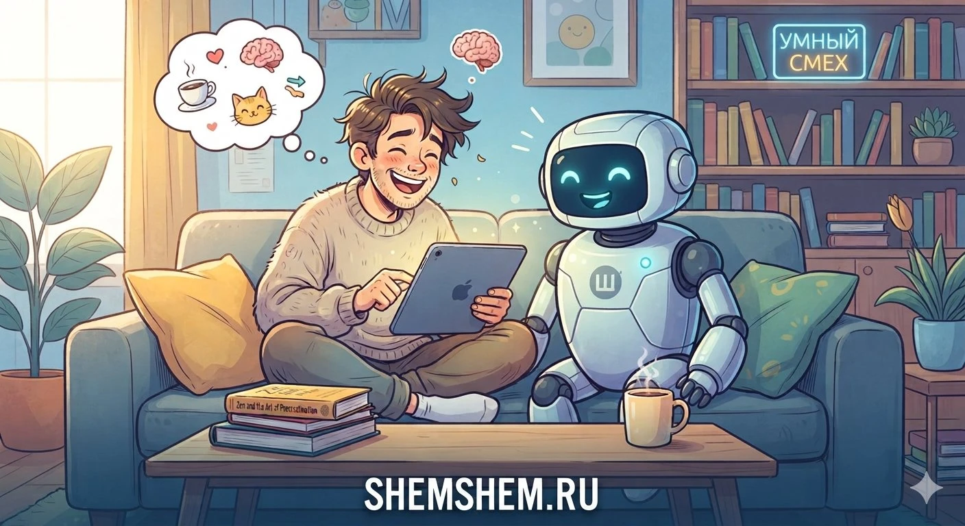 Иллюстрация к рубрике Умный Смех на ШЕМШЕМ: парень и дружелюбный робот вместе смеются на диване