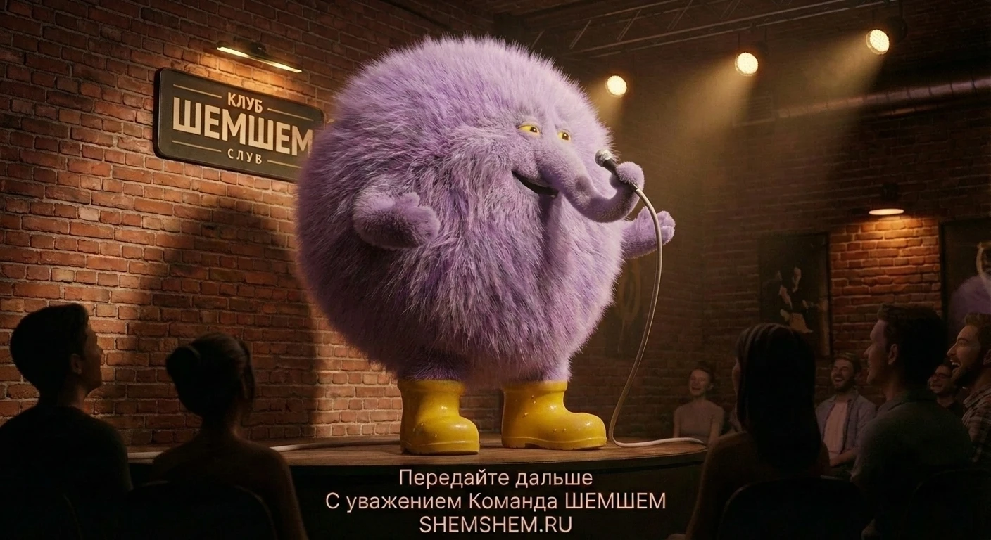 Фиолетовый пушистый Жамбокузя с хоботом выступает со стендапом на сцене под светом прожекторов