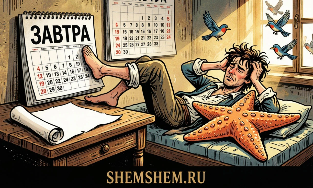 Комичный писатель ленится у календаря с надписью Завтра