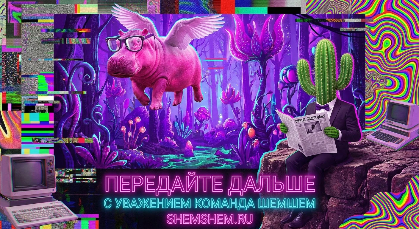 Сюрреалистичный коллаж с кактусом-философом и летающими гиппопотамами в стиле цифрового абсурда