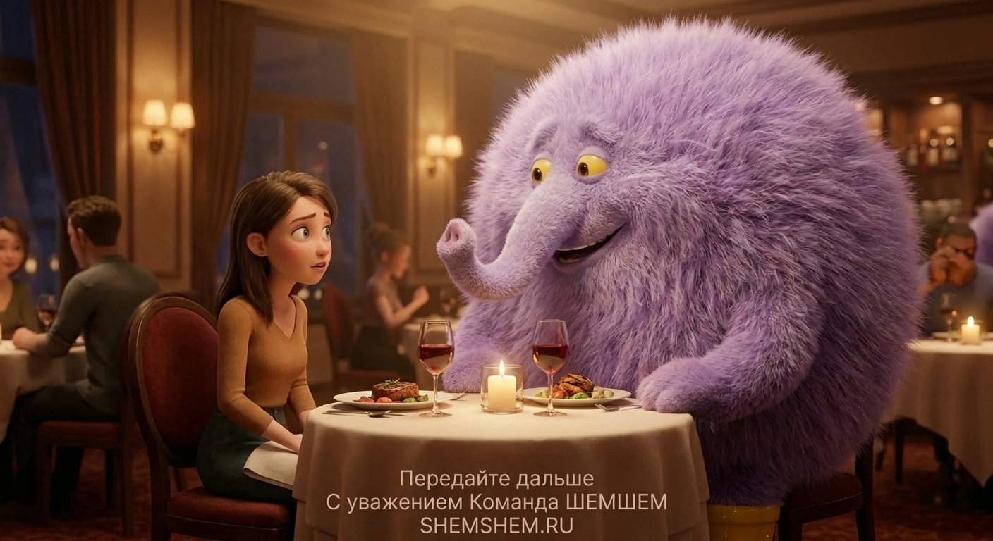 Фиолетовый пушистый Жамбокузя сидит на свидании в ресторане напротив девушки