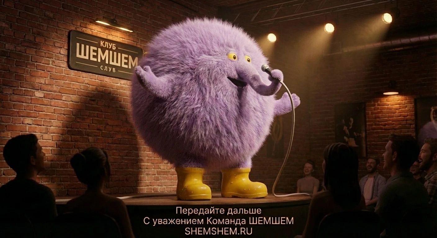 Фиолетовый пушистый персонаж Жамбокузя выступает со стендапом в клубе «ШЕМШЕМ», держа микрофон хоботом и стоя на сцене в массивных желтых ботах