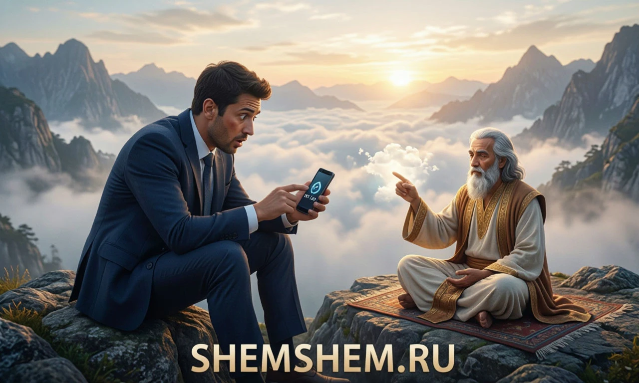 Мудрец на вершине горы и уставший менеджер со смартфоном без связи