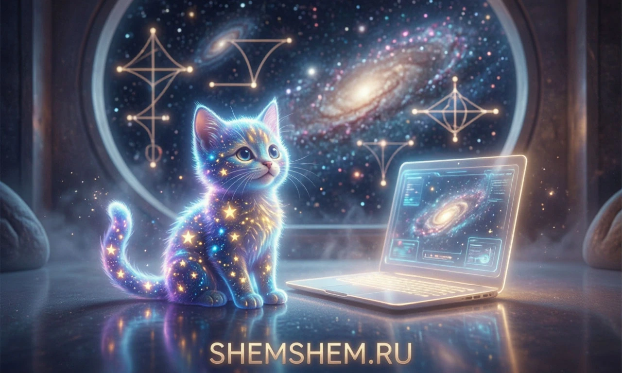 Кот на фоне космоса и квантовых формул рядом с ноутбуком — пятничный юмор на ШЕМШЕМ