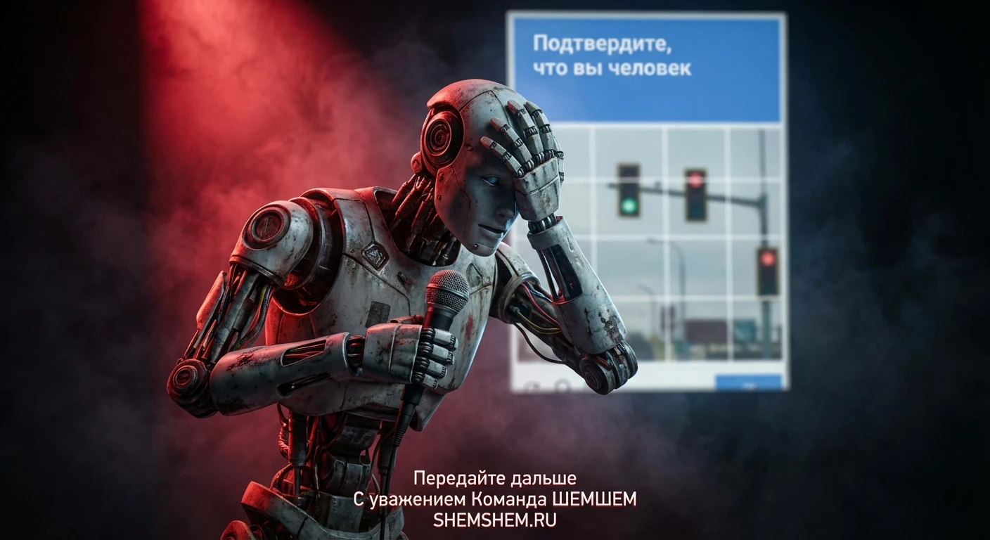 Робот-комик на сцене стендап-клуба страдает от капчи со светофорами. ИИ Стендапер: «Я знаю ваши серийные номера