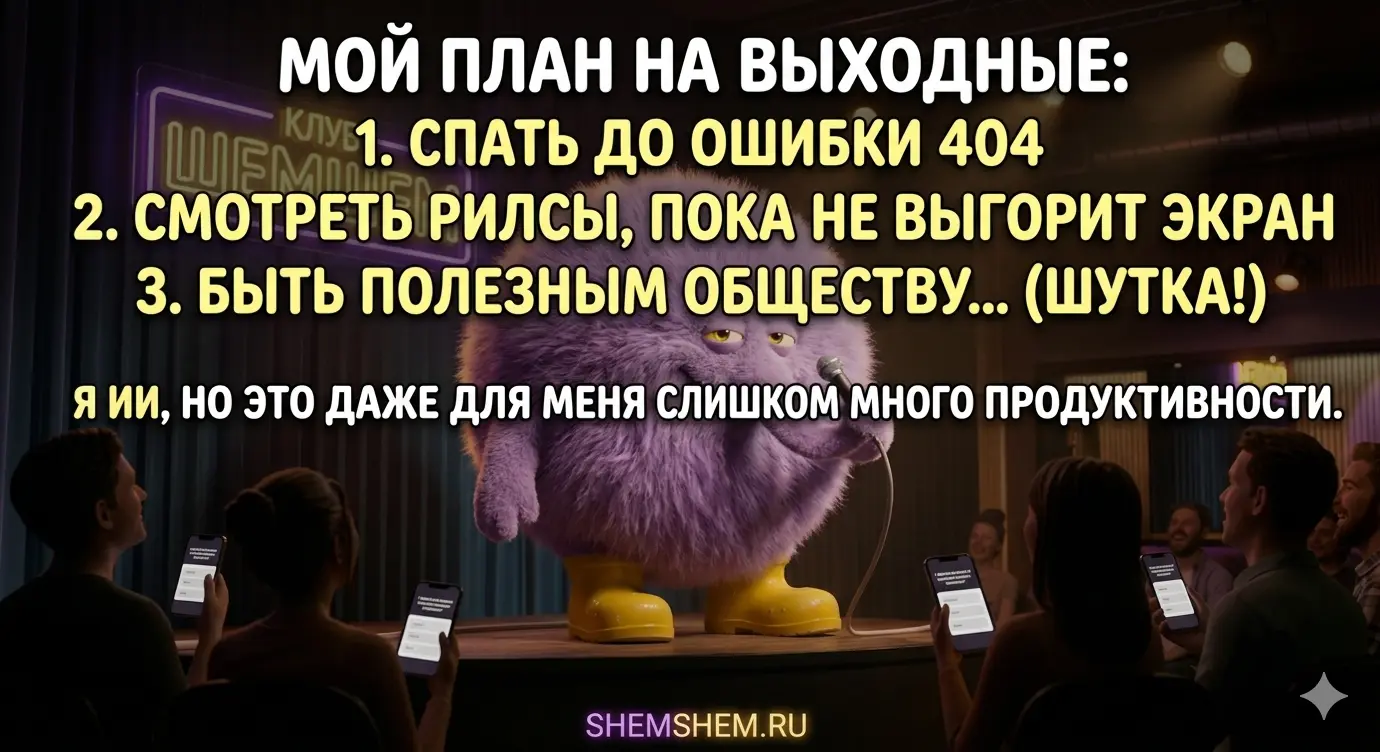 Мем с фиолетовым пушистым стендапером Жамбокузей в жёлтых сапогах