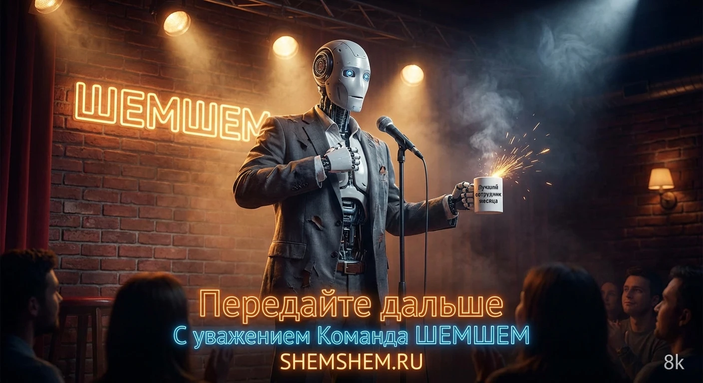 ИИ Стендапер в офисном пиджаке шутит про поиск работы на сцене ШЕМШЕМ