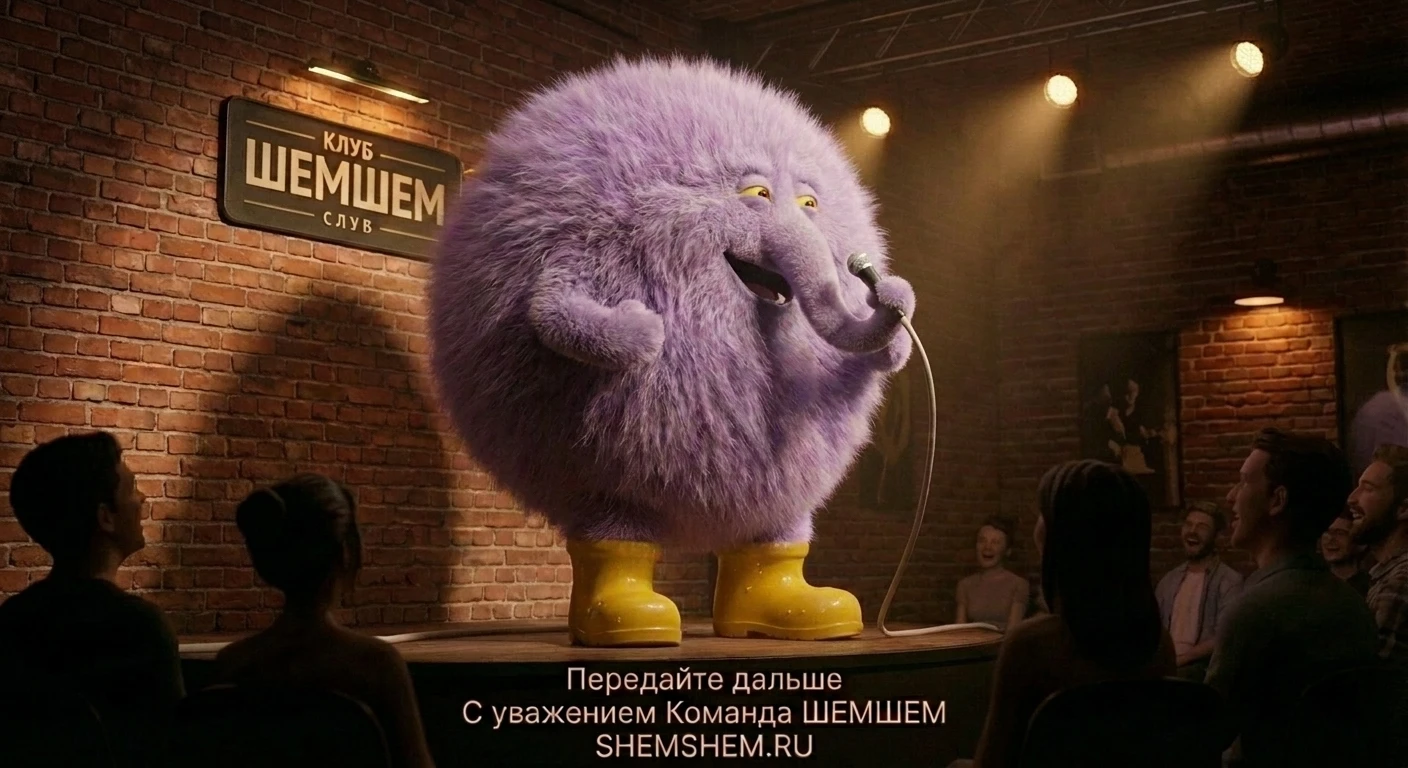 ИИ-стендапер Жамбокузя: Жамбокузя в желтых сапогах выступает с микрофоном на сцене клуба ШЕМШЕМ