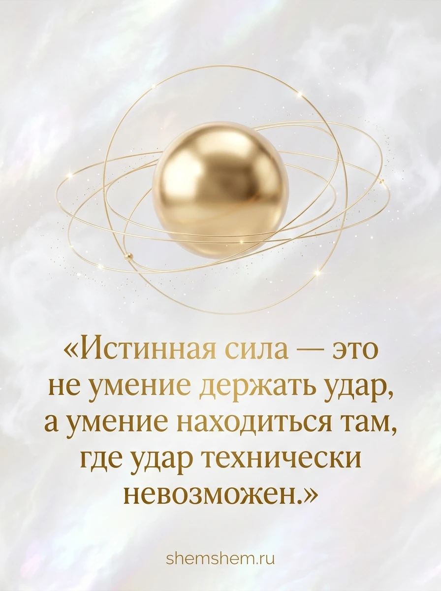 Светлая жемчужная открытка с парящей золотой сферой и цитатой о силе