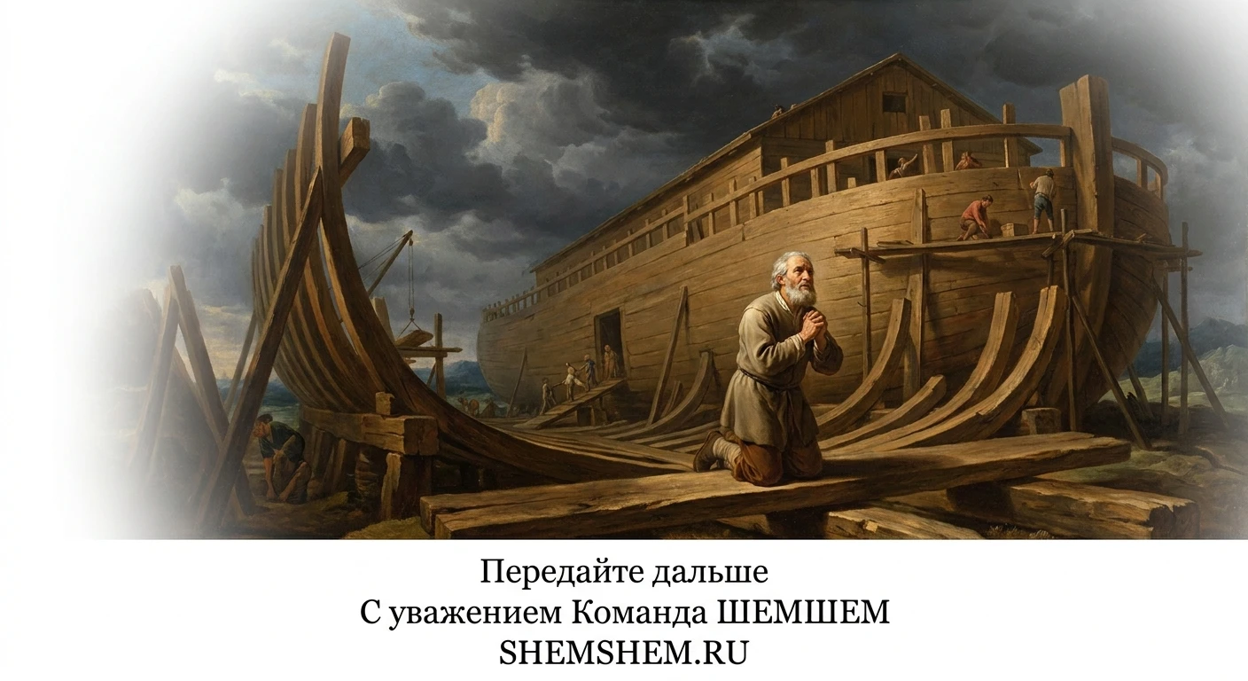 Строительство ковчега: гигантское деревянное судно под грозовым небом в стиле классической масляной живописи