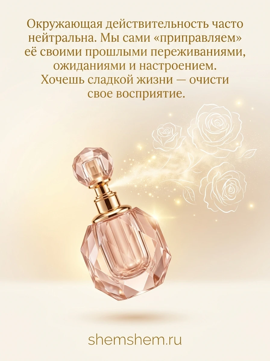 Светлая кремовая открытка с хрустальным флаконом и золотой пыльцой, цитатой о восприятии