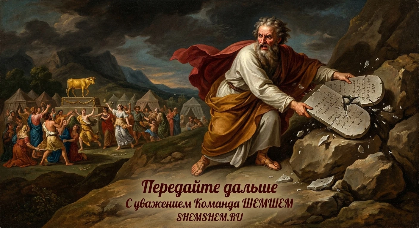 Разгневанный Моисей разбивает каменные скрижали о скалы на фоне израильского стана, танцующего вокруг золотого тельца