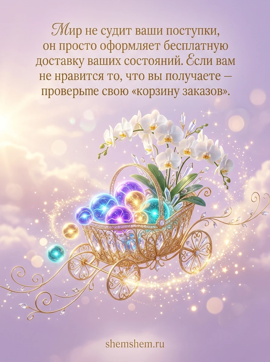 Светлая розовая открытка с парящей золотой корзиной и сферами, цитатой о доставке состояний
