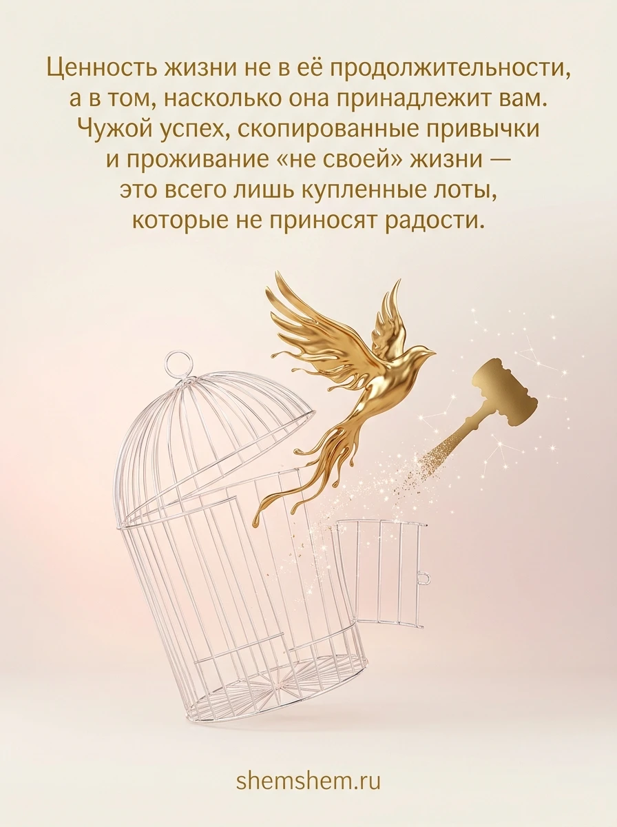 Светлая открытка с золотой птицей и хрустальной клеткой, цитатой о своей жизни