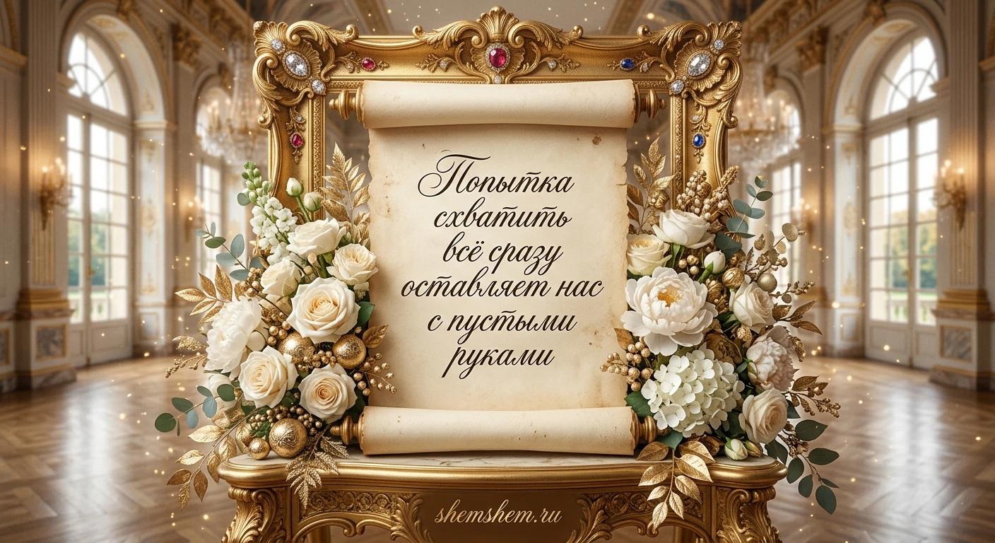 Роскошная открытка со свитком, цветами и мудрой цитатой на золотом фоне
