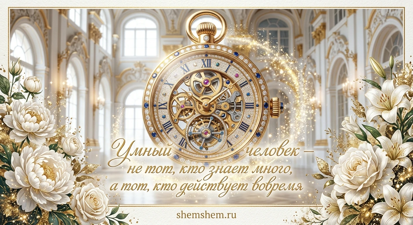 Роскошная открытка с золотыми часами и мудрой цитатой о своевременных действиях