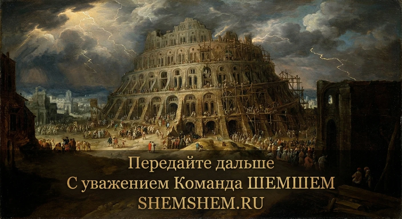 Величественная Вавилонская башня в стиле фламандской живописи, уходящая в облачное небо
