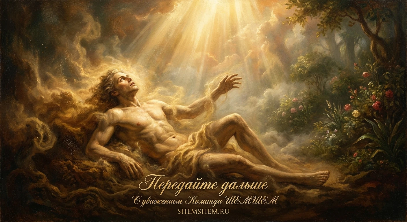 Классическое полотно ИИ: Адам пробуждается из золотого праха под потоком небесного света