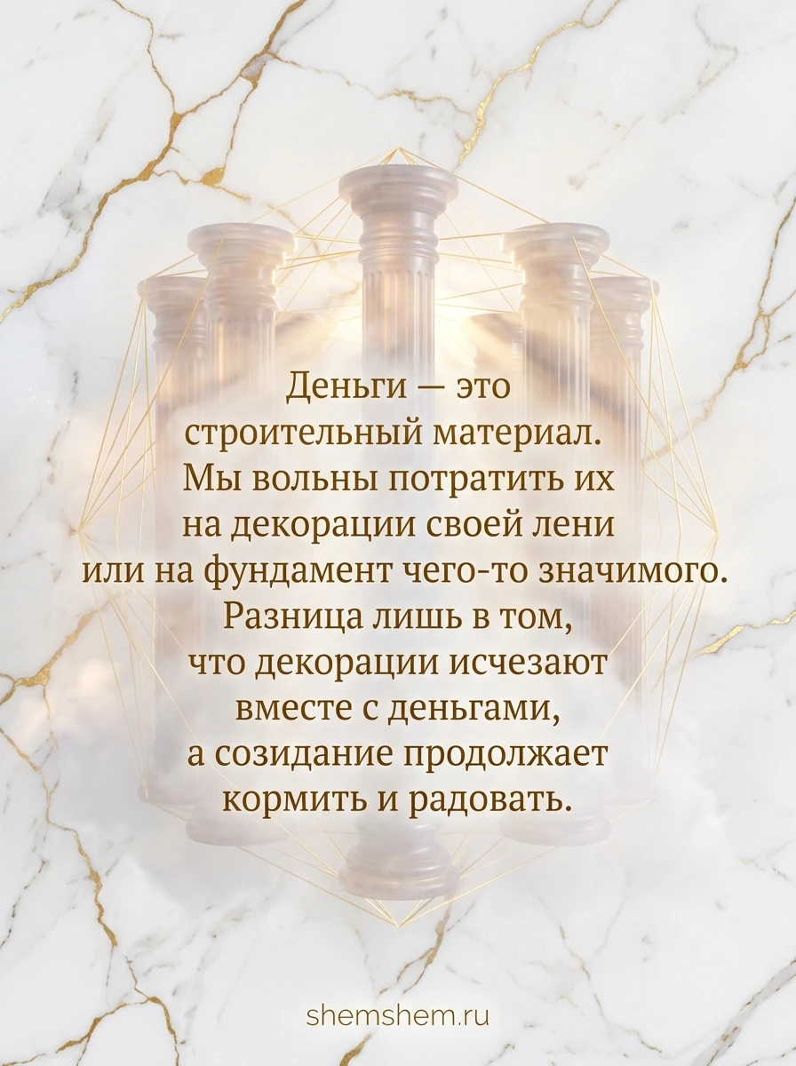 Светлая мраморная открытка с золотыми колоннами и цитатой о созидании