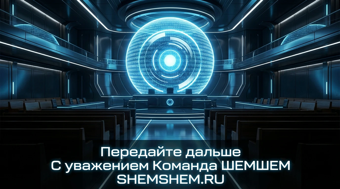 Мрачный зал суда будущего, где на судейском месте возвышается массивное светящееся ядро искусственного интеллекта с бегущим цифровым кодом