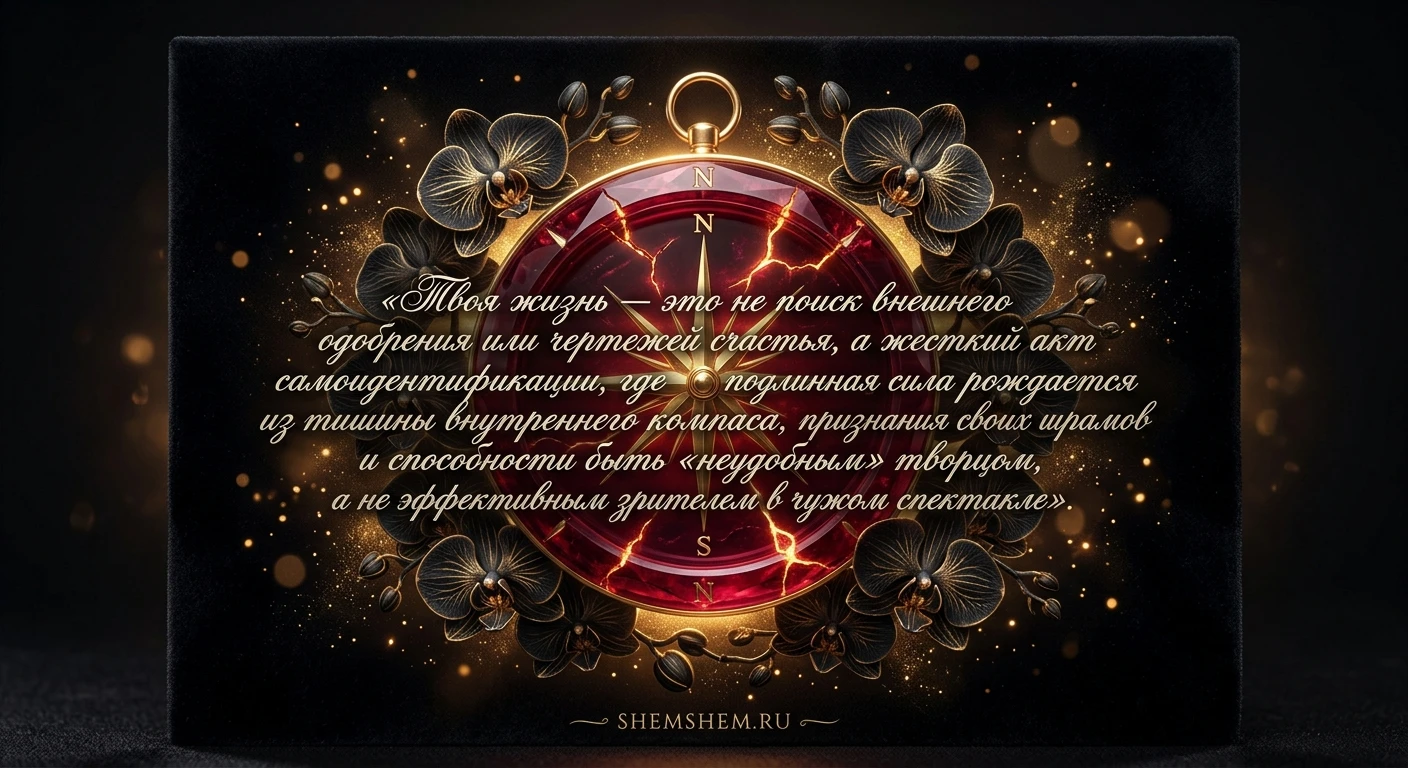 Ювелирная открытка с рубиновым компасом, цитатой о самоидентификации на черном фоне
