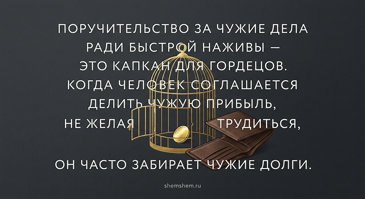 Мудрая открытка с цитатой об опасности поручительства и легких денег ради быстрой наживы