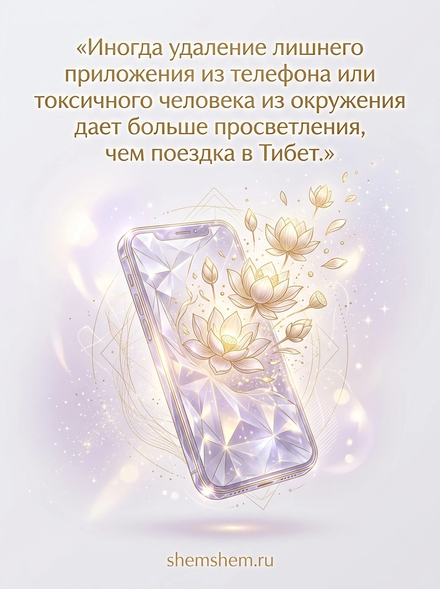 Светлая лавандовая открытка с хрустальным силуэтом телефона и лотосами, цитатой о просветлении