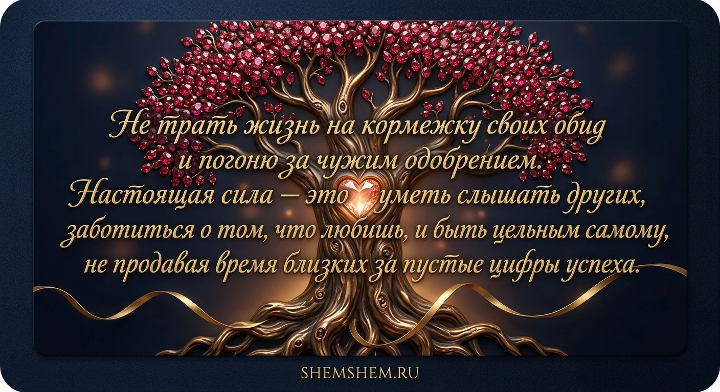 Ювелирная открытка с рубиновым деревом жизни, цитатой о семье на темном фоне