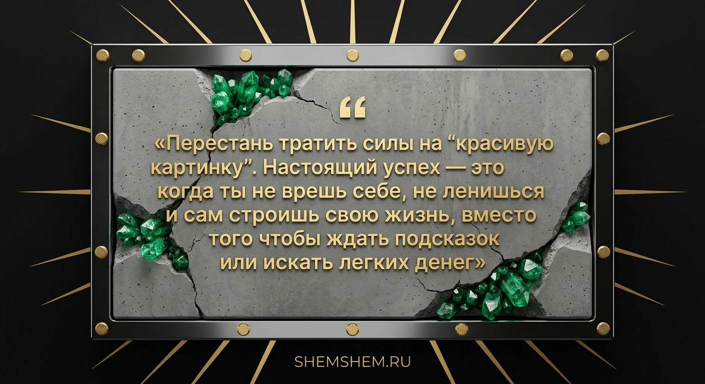 Современная открытка с бетонной плитой, изумрудами, цитатой об успехе на темном фоне