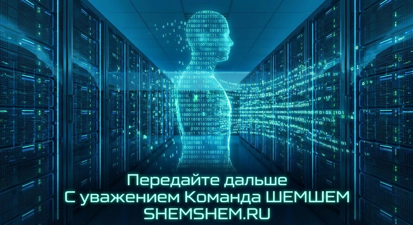 Человеческий силуэт, состоящий из светящихся потоков цифровых данных и двоичного кода, растворяется в бесконечных рядах серверных стоек футуристического дата-центра