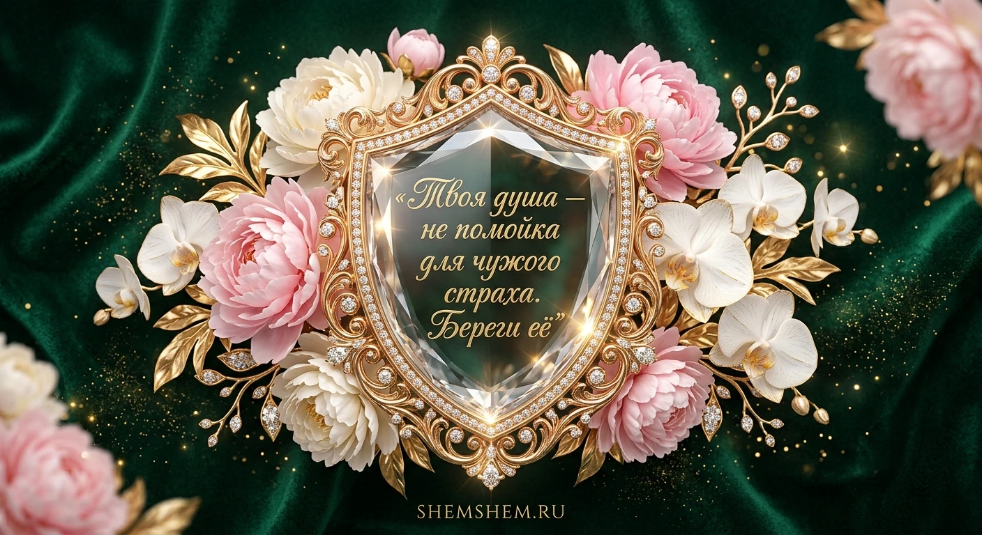 Роскошная ювелирная открытка с хрустальным щитом, цитатой о защите души на фоне пионов и золота