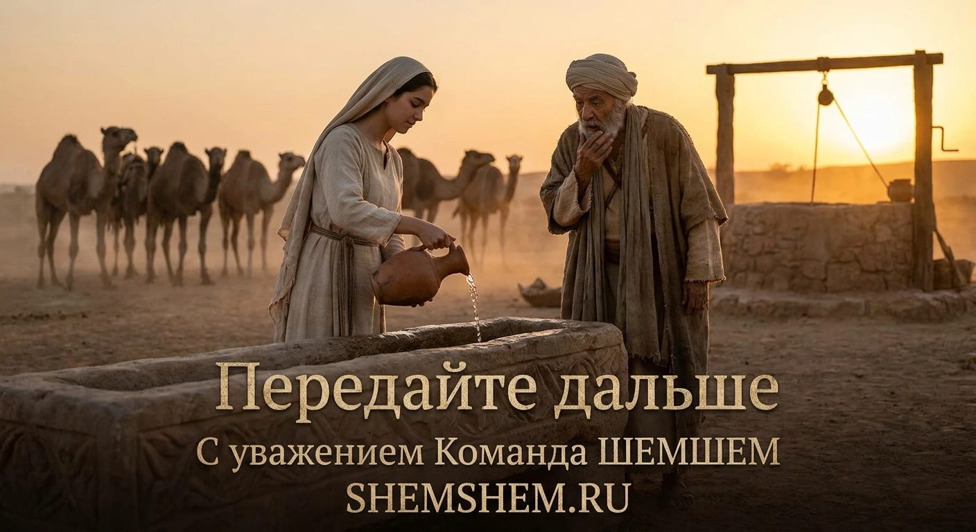 Ревекка поит верблюдов у колодца на закате, раб Авраама наблюдает