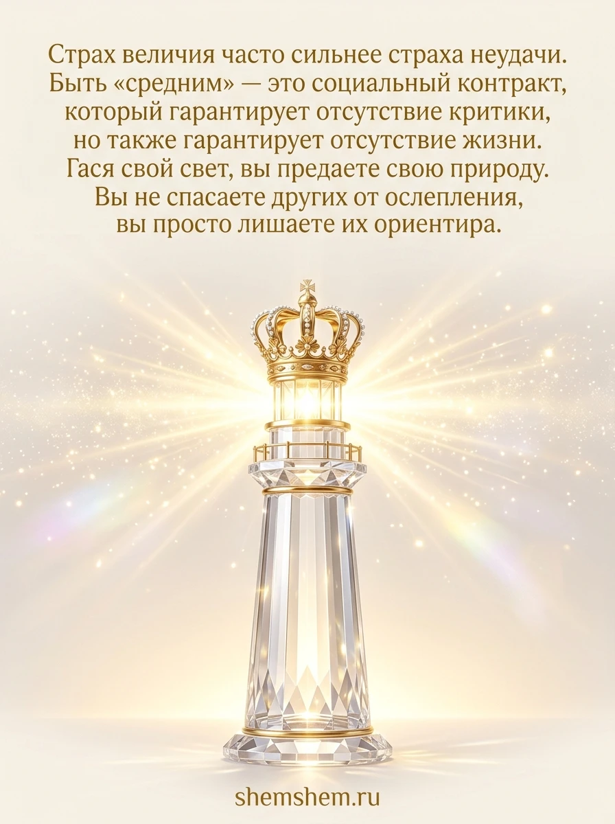 Светлая открытка с хрустальным маяком, золотыми лучами света и цитатой о внутреннем свете