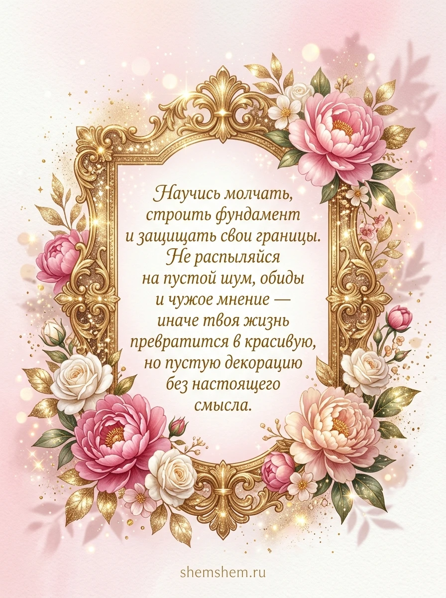 Подарочная розово-золотая открытка с цветами и мотивирующей цитатой