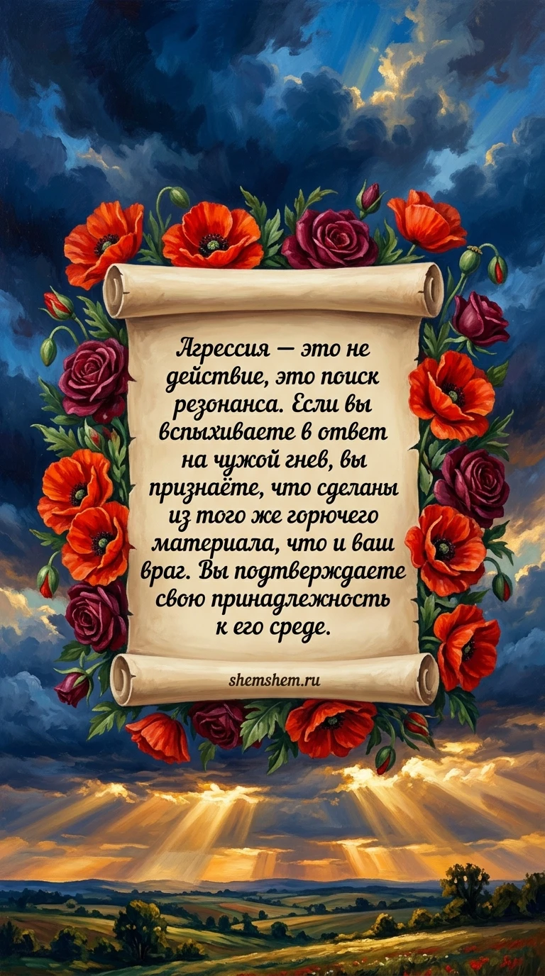 Эффектная открытка со свитком и алыми маками на фоне грозового неба с цитатой о природе чужой агрессии