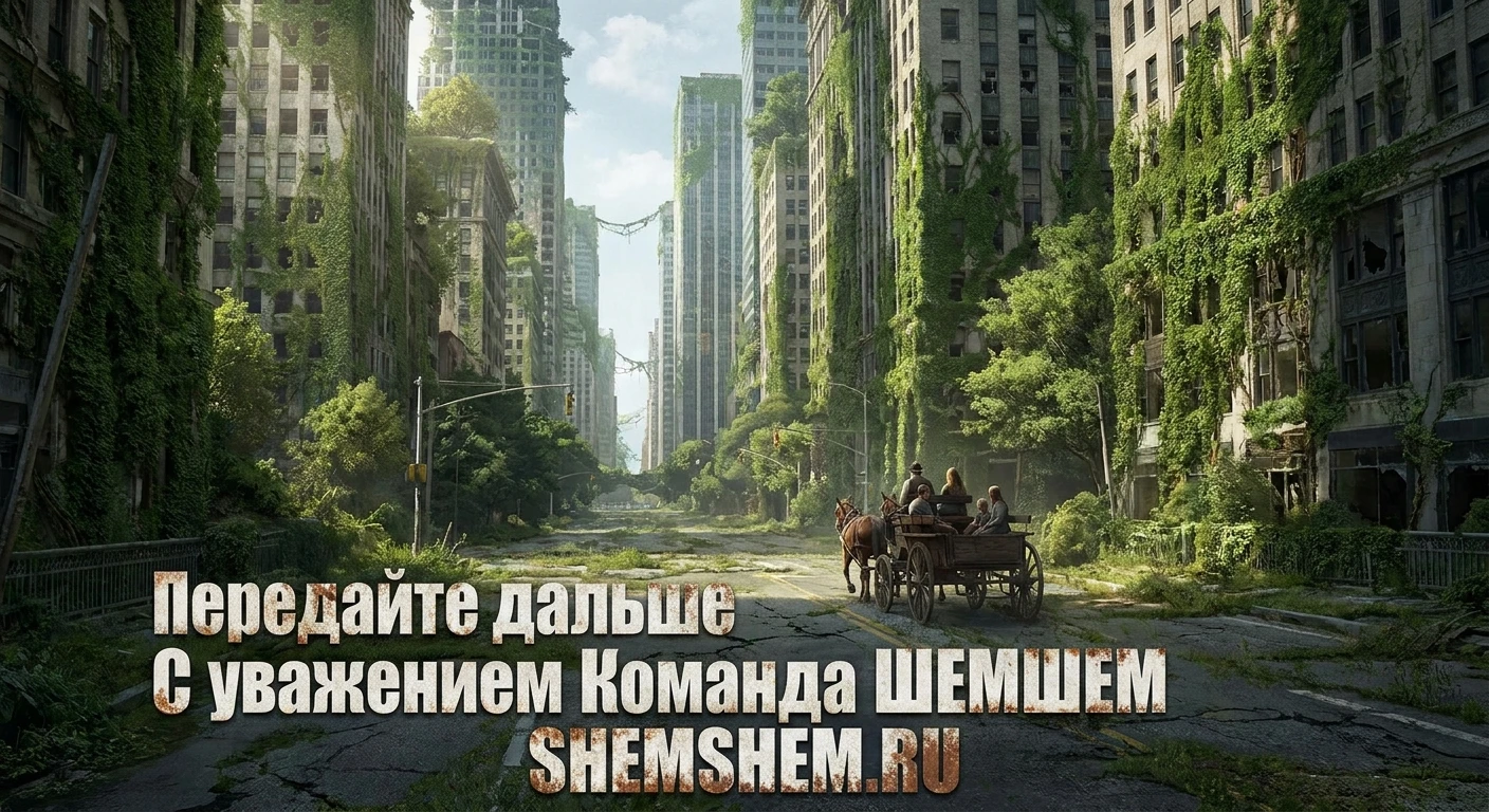 Заброшенный современный мегаполис без электричества, заросший зеленью, где по пустой улице вместо автомобилей едет телега запряженная лошадью