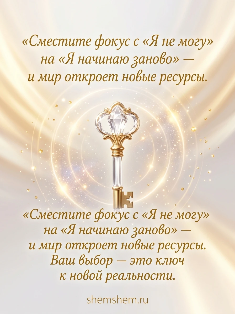 Светлая открытка с золотым хрустальным ключом и цитатой о начале заново