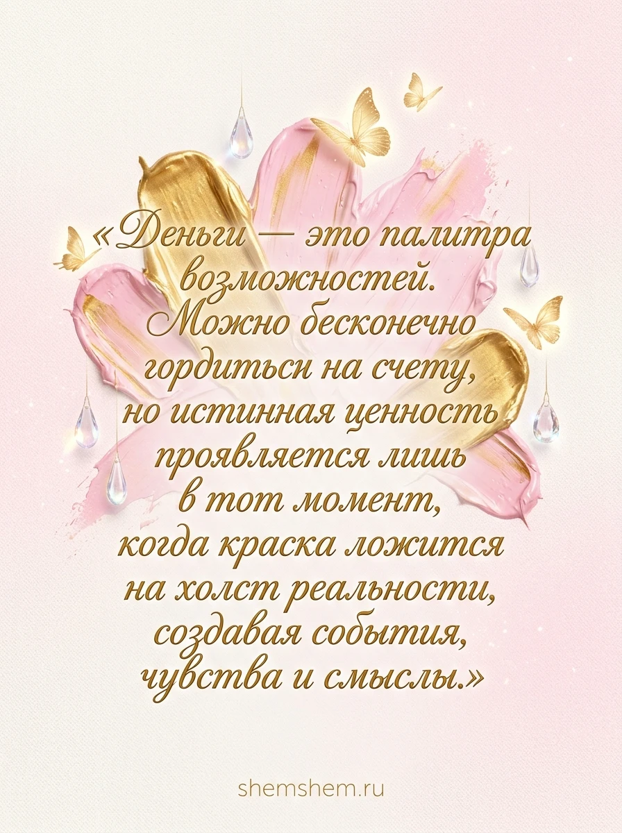 Светлая открытка с золотыми мазками краски, бабочками и цитатой о возможностях