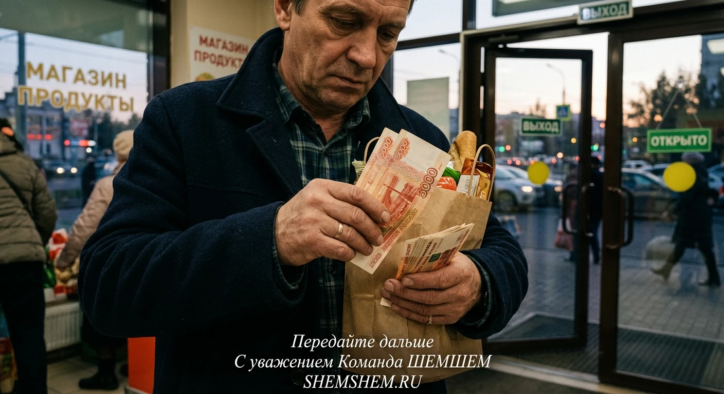 Человек пересчитывает сдачу у выхода из магазина