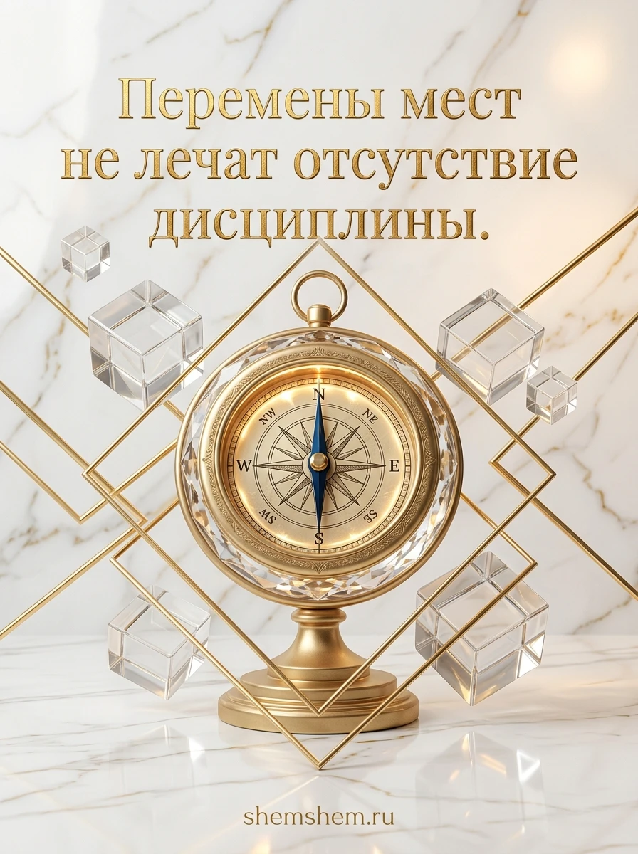 Светлая мраморная открытка с золотым компасом и кубами, цитатой о дисциплине